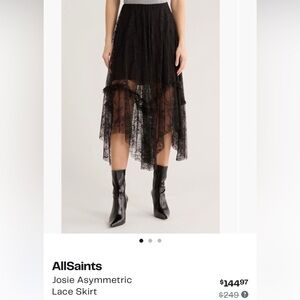 AllSaints Black Asymmetric Lace Tiered Midi Skirt